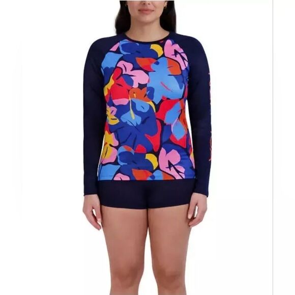 Nautica Women's Into the Jungle Floral Swim Rashguard Sun Top UPF 30 NWT Size L - Picture 3 of 7